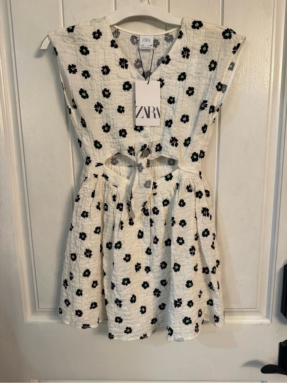 Zara White Textured Dress with Black Floral Print and Green & Pink Accents